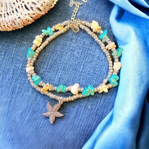 Boho Starfish Turquoise multi layer silver anklet NWT great gift
